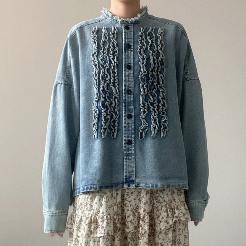 【KAKELA＆TRANQUIL】ノーカラーフリルデニムシャツ