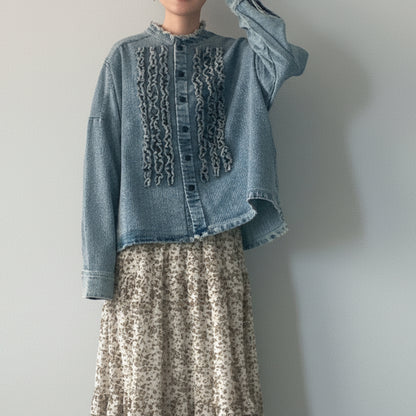 【KAKELA＆TRANQUIL】ノーカラーフリルデニムシャツ