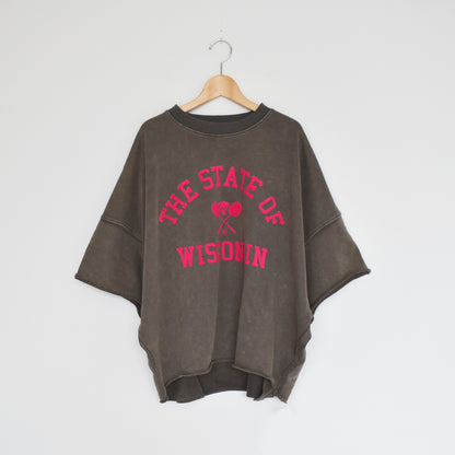 【en haut】裏毛ケミカルパウダー加工 スウェット THE STATE OFフロッキーロゴ プリントプルオーバー