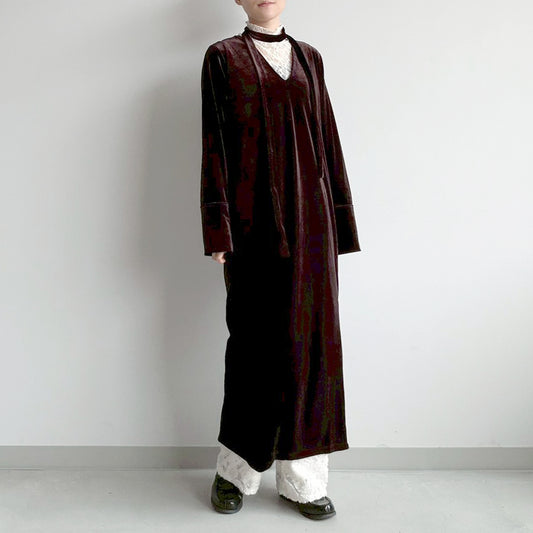 【gleam】ボウタイ付Vネックベロアワンピース