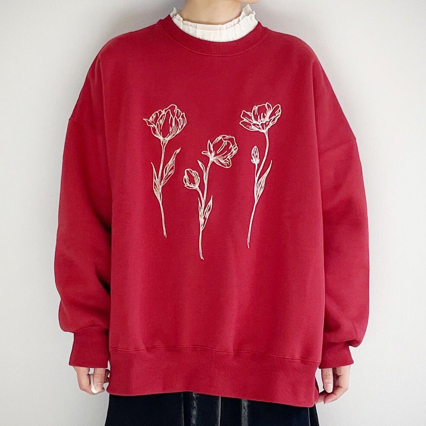 【gleam】線画フラワー刺繍BIGプルオーバー