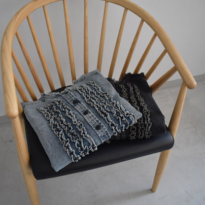 【KAKELA＆TRANQUIL】ノーカラーフリルデニムシャツ